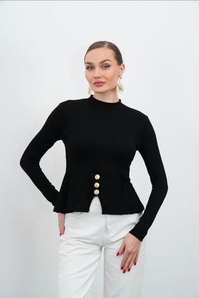 DOEDA MODA Yeni Ürün Peplum Kesim Aksesuar Detaylı Uzun Kollu Kadın Bluz