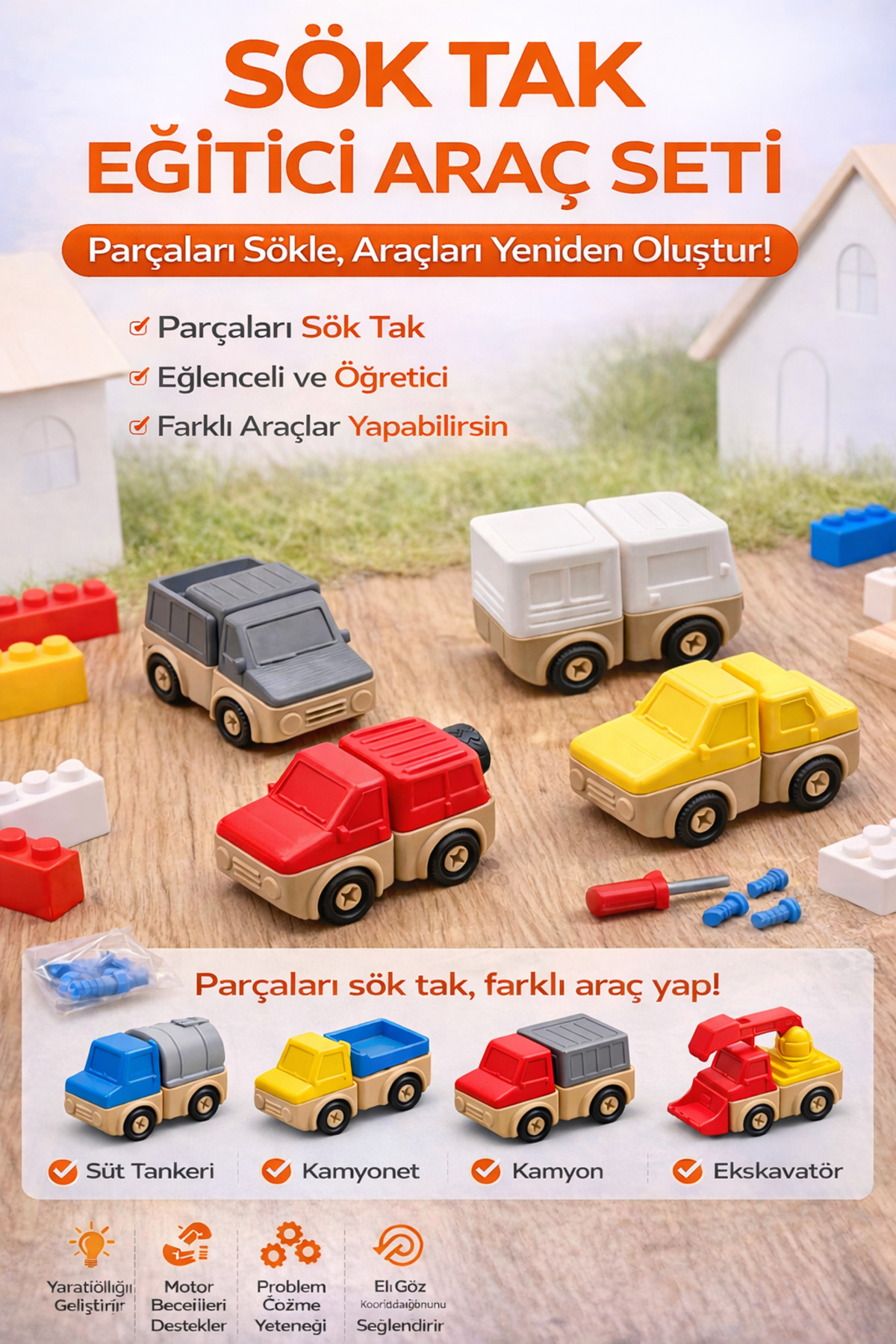 edoy Sök Tak Eğitici Araç Seti | Yap-Boz İş Makineleri | Yaratıcı Montessori Oyuncağı(Rastgele1 Araç) fotoğrafı 3 (önizleme)