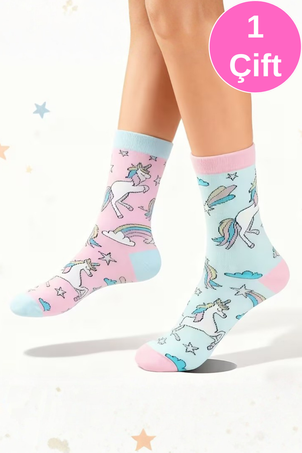 Kadın Çorap (1 ÇİFT) Unicorn Poni Desenli Pamuklu Çorap