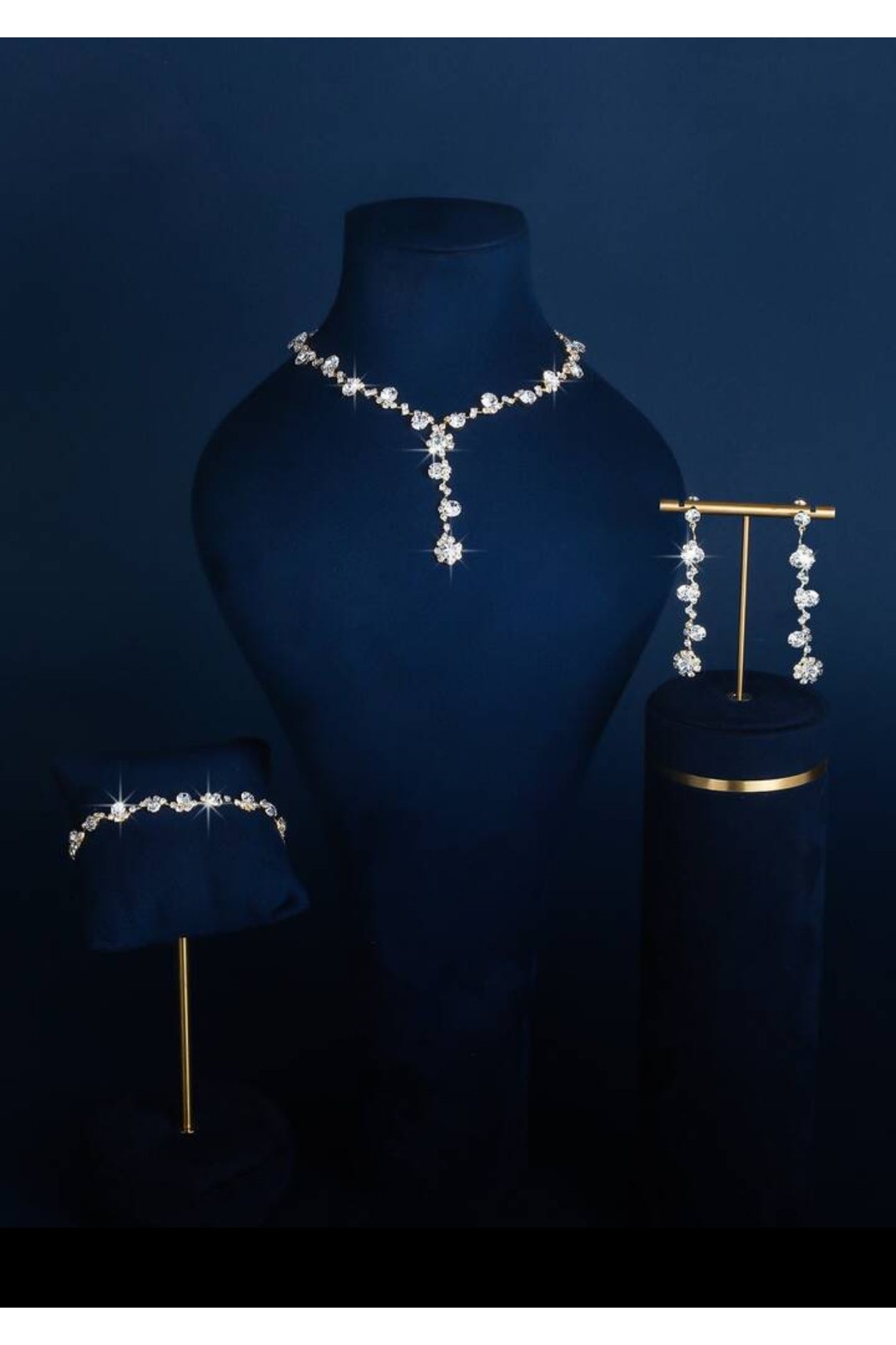 Gold Zircon Gemstone Shimmer Flower Pattern 3-Piece Evening Jewelry Set