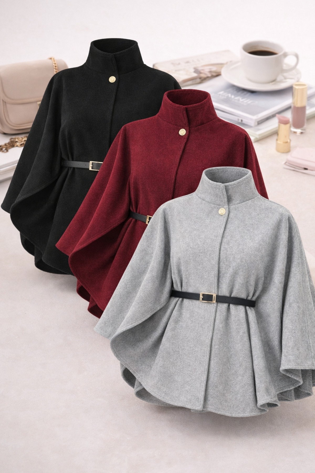 SKYBEAR  Kadın Siyah Bordo Gri 3lü Dik Yaka Gold Düğme Detaylı Kemerli Pelerin Panço