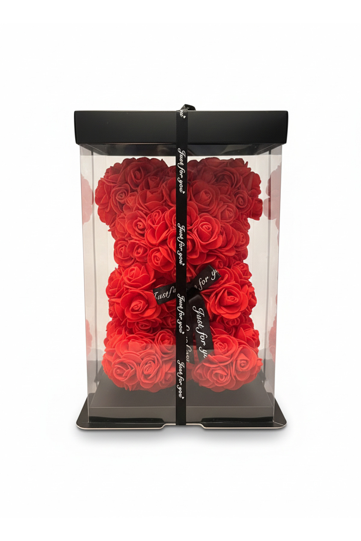 Ursulet rosu din trandafiri artificiali  Cadou romantic premium in cutie transparenta