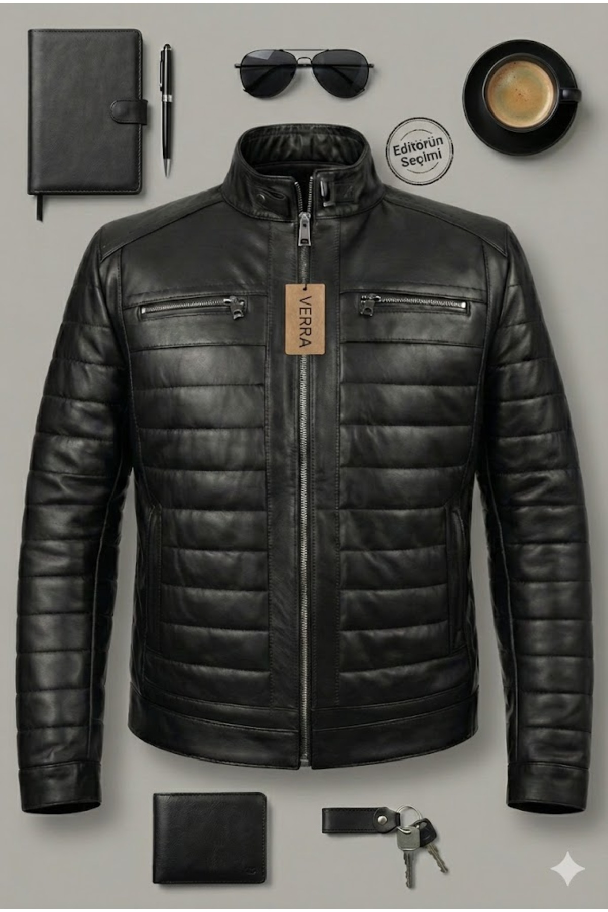 Verra  Erkek Siyah Hakim Yaka Kapitone Desenli Spor Deri Mont - Slim Fit Kesim - Görsel 4