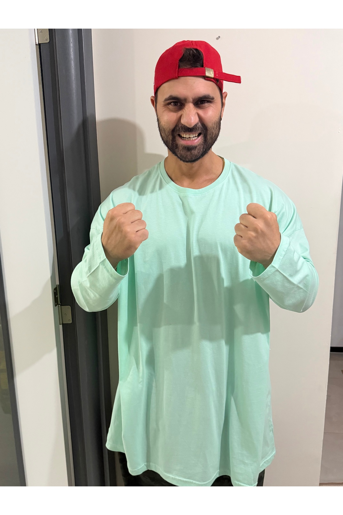 Bas Body FitnessWear Su Yeşili Büyük Battal Beden Suprem Kumaş Oversize Bisiklet Yaka Uzun Kollu Tişört görsel 3