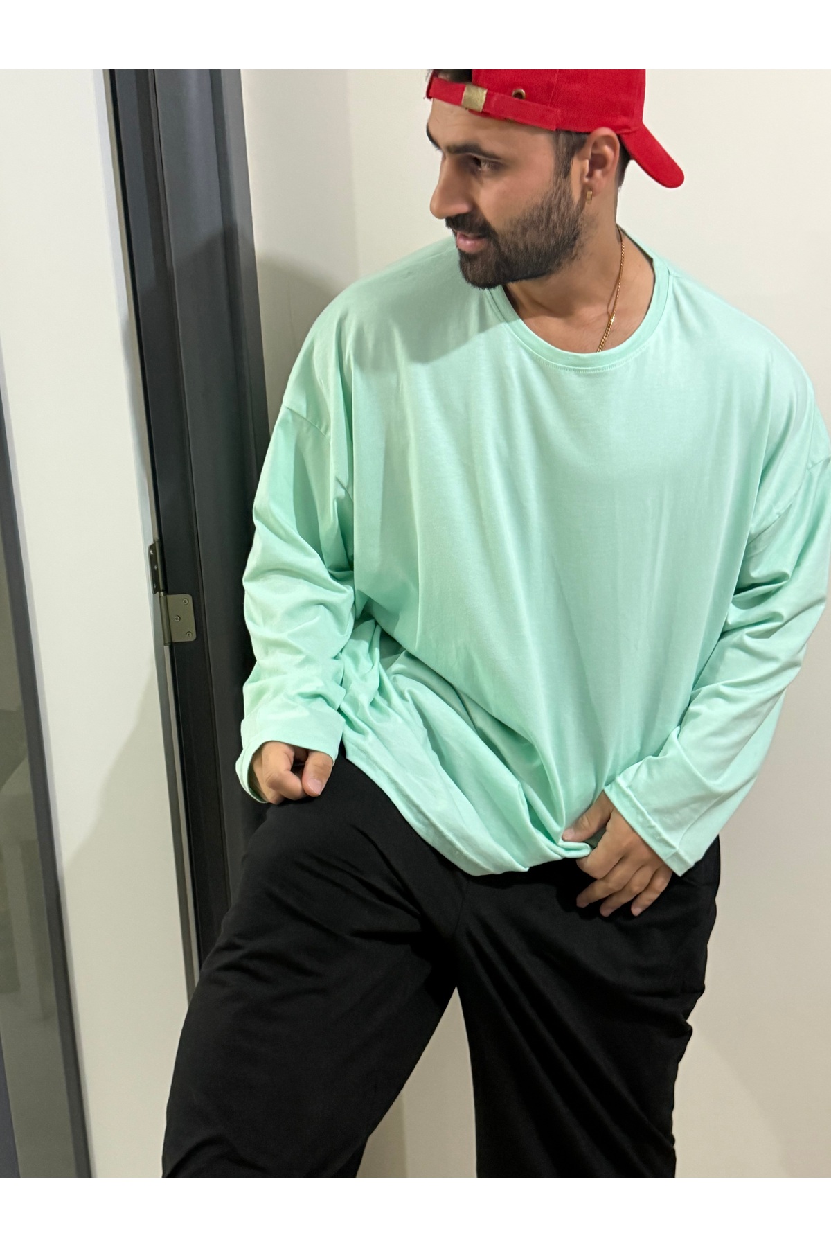 Bas Body FitnessWear Su Yeşili Büyük Battal Beden Suprem Kumaş Oversize Bisiklet Yaka Uzun Kollu Tişört