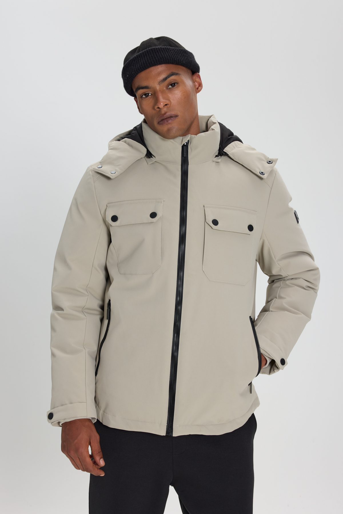 Men's Stone Thermometer Standard Fit Normal Cut Bulge Hooded Inflatable Coat with Side Pockets