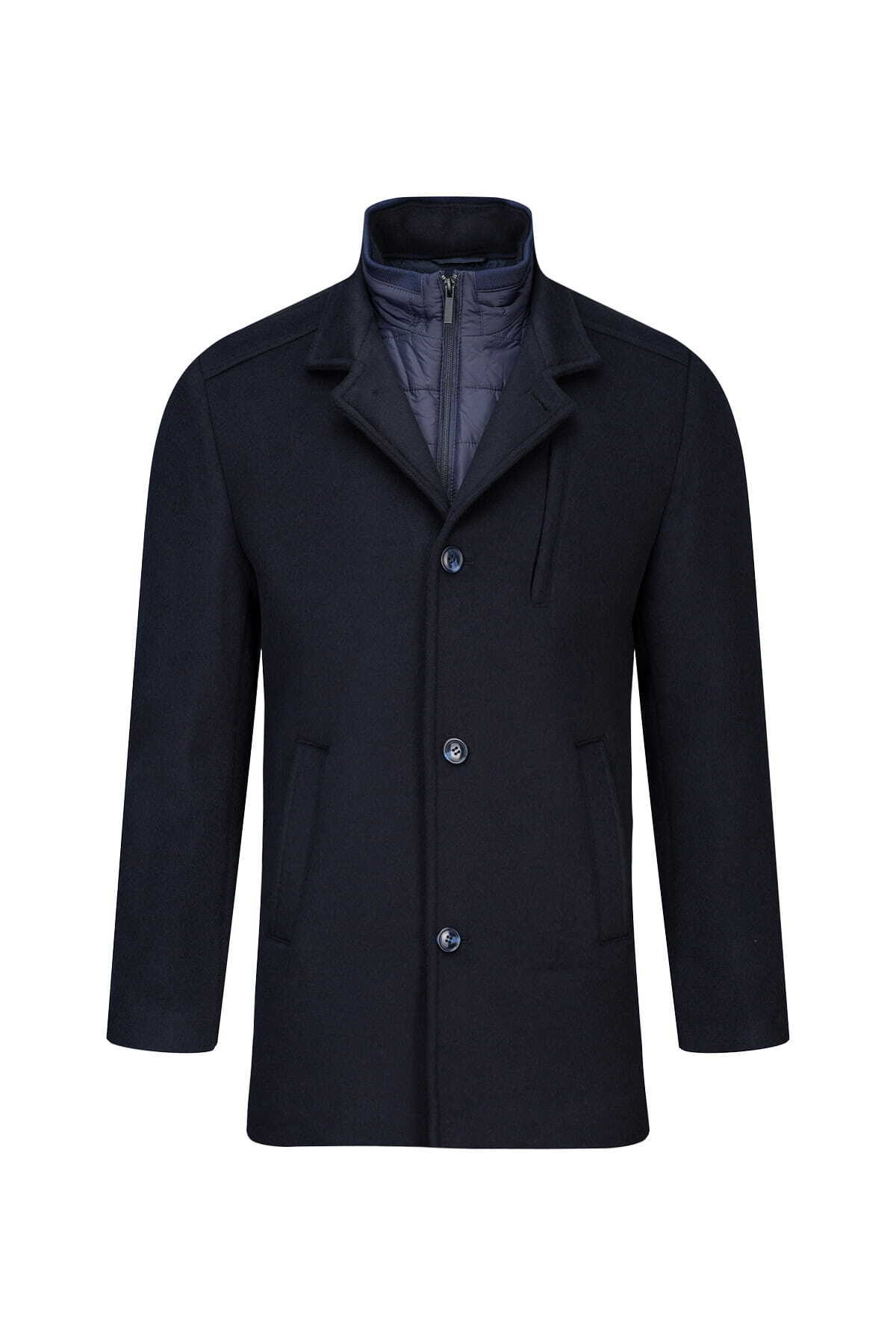 Hatemoğlu Lacivert Slim Fit Hakim Yaka İçlikli Kaşe Yünlü Palto