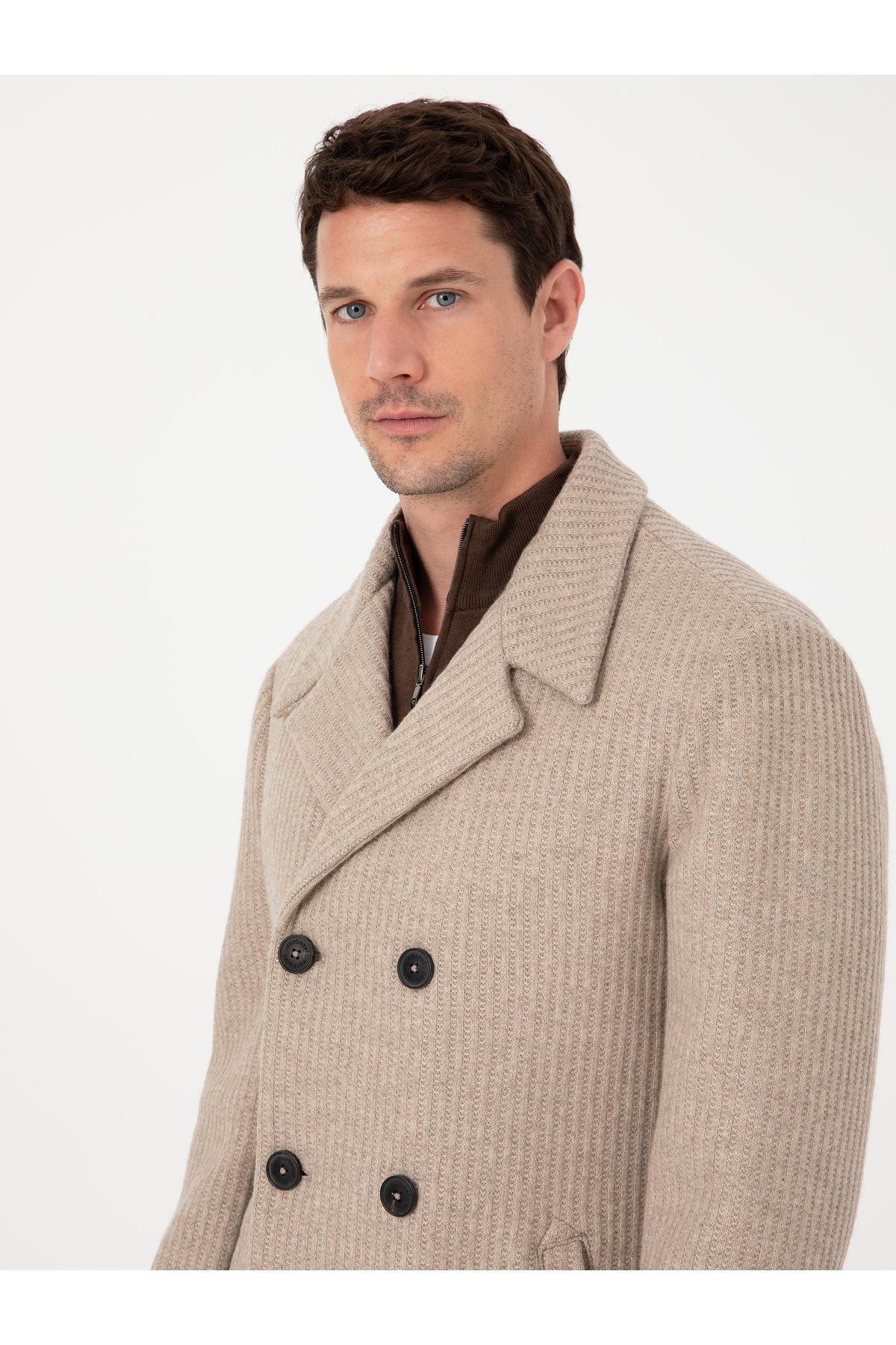 Vizon Slim Fit Yün Karışımlı Kruvaze Kaşe Kaban 50309909-VR052 — قهوه‌ای — تصویر 2 از 7