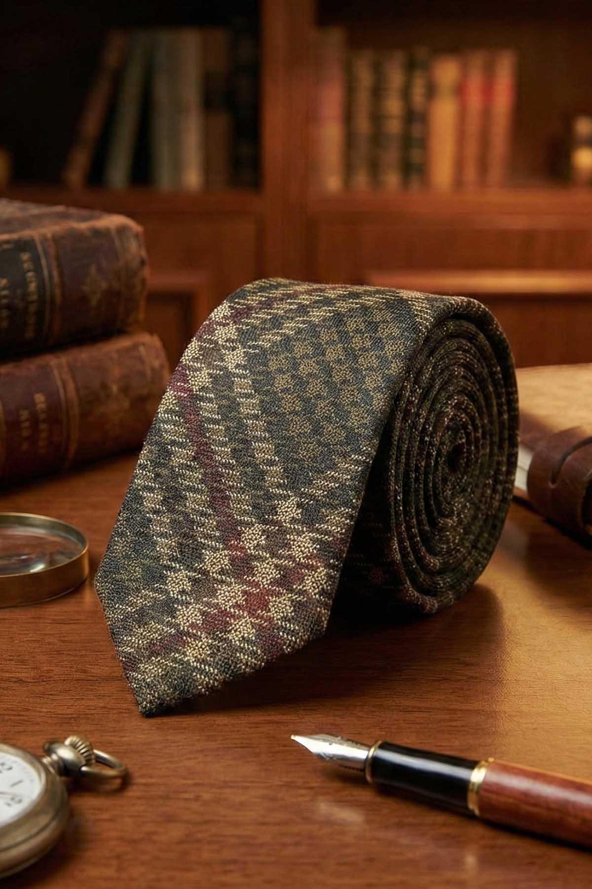  کراوات ابریشمی ایتالیایی طرح چهارخانه قهوه مولینو مدل IK2227