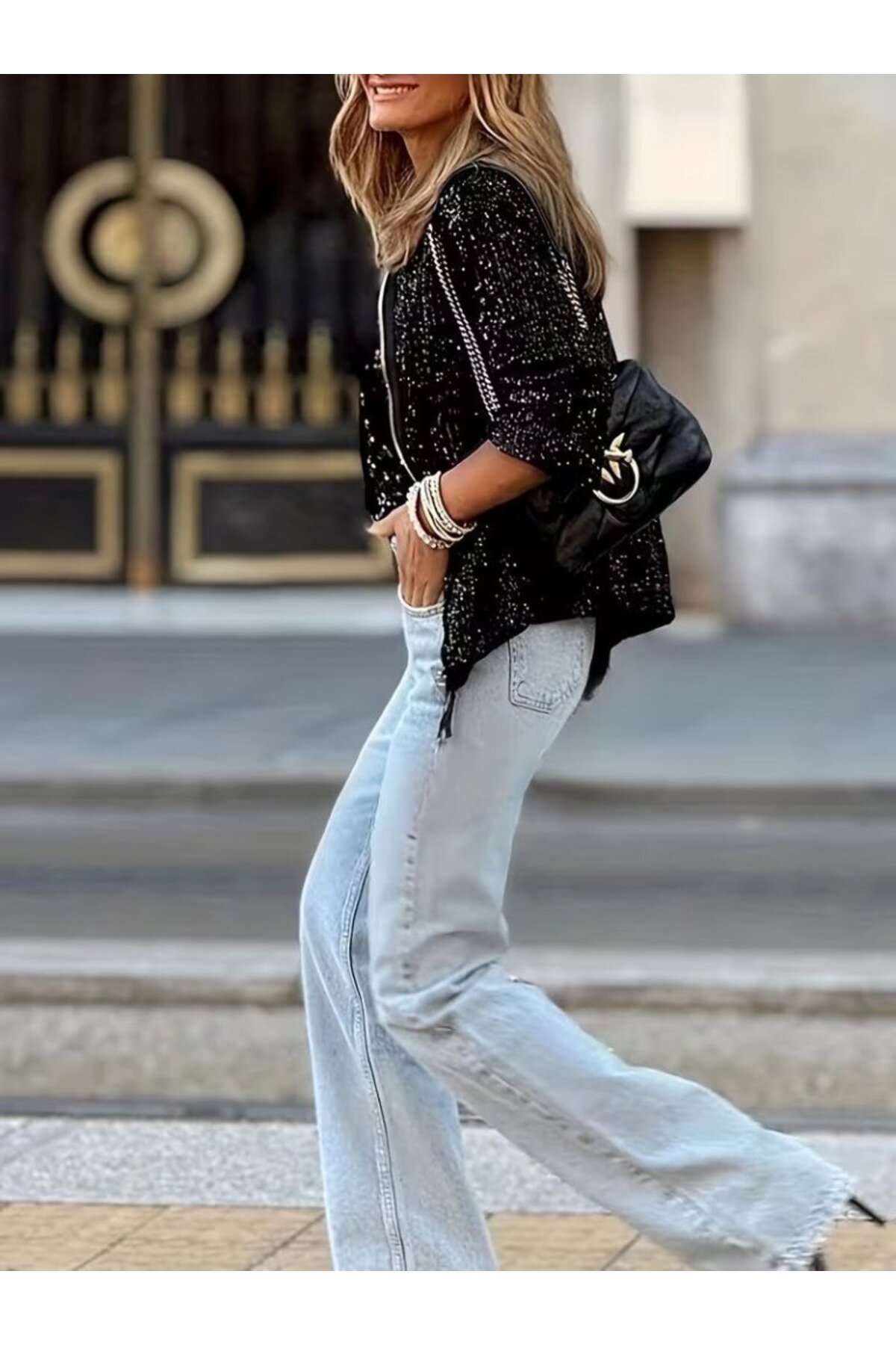 Kokosh moda  Kadın Uzun Kollu önü Fermuarlı Kısa Pulpayet Ceket - Görsel 5