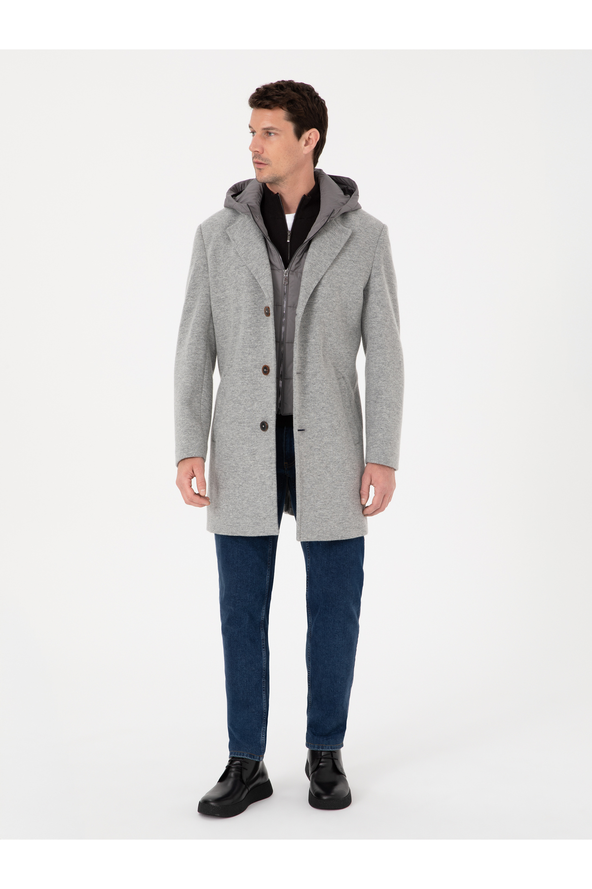 Gri Melanj Regular Fit Rüzgar Korumalı Yün Karışımlı Kaşe Kaban 50311138-VR086 — خاکستری — تصویر 4 از 7