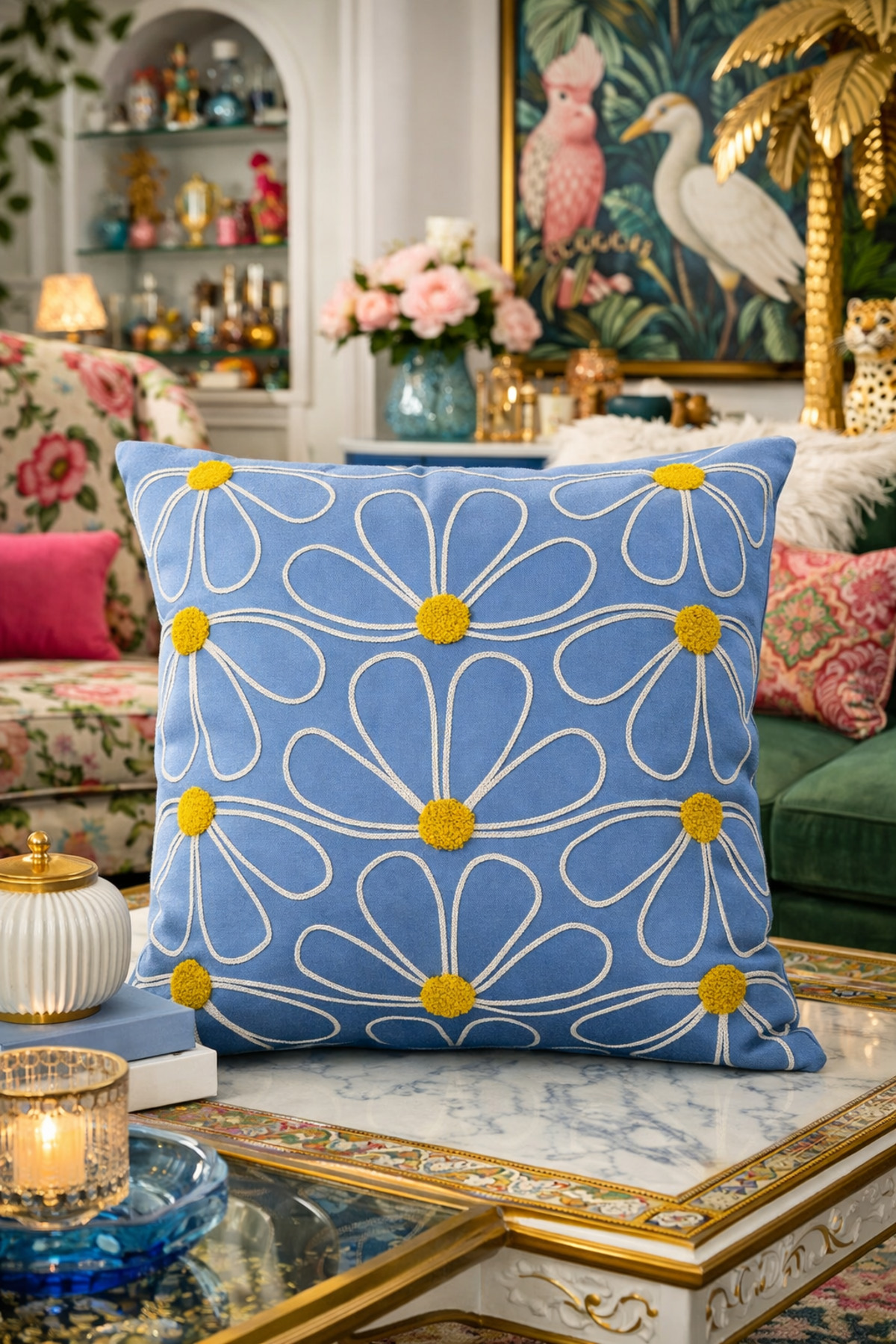 Punch Embroidered Pillowcase - 43*43 Cm - Light Blue Daisy - PNK001