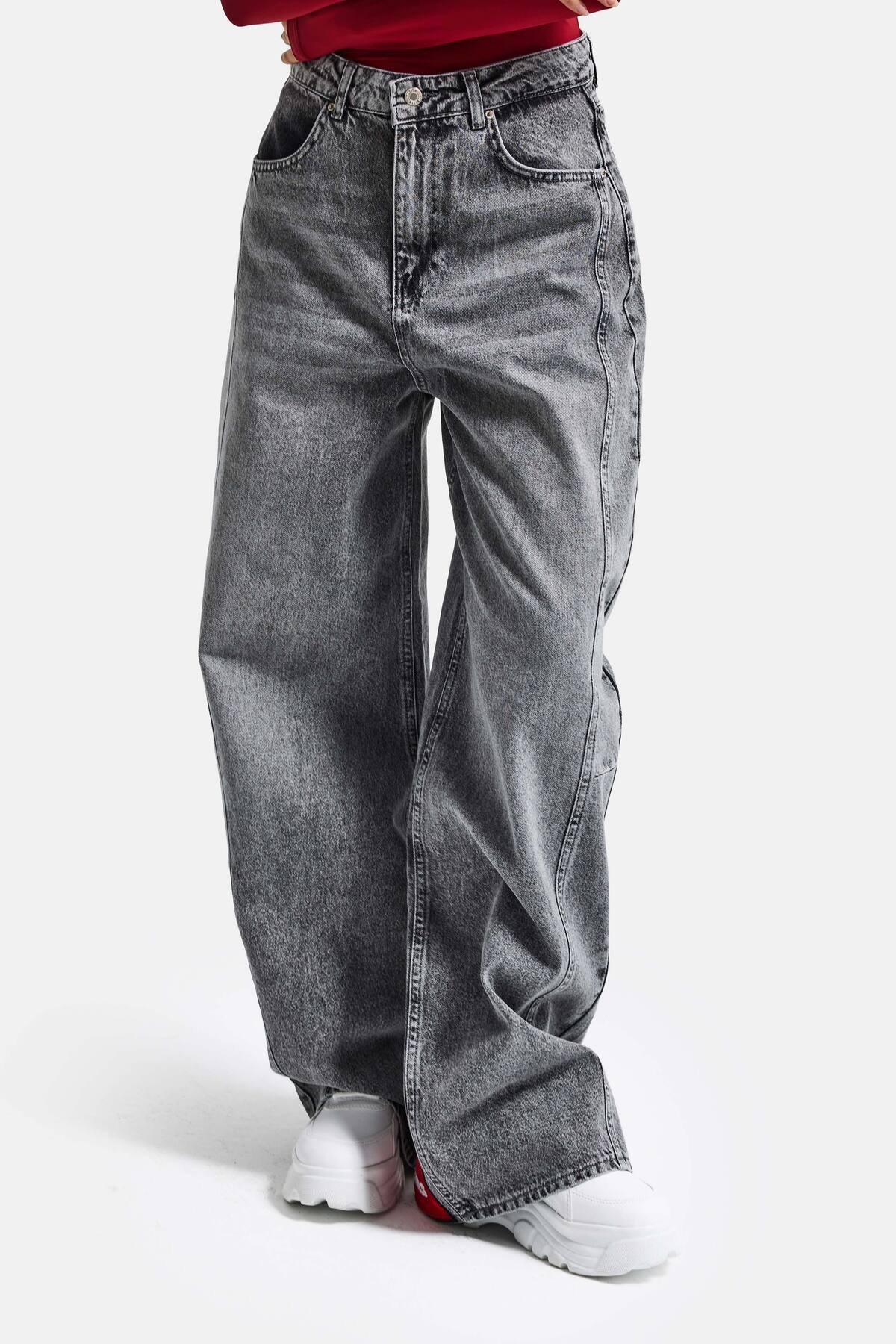 it's basic  Kadın Gri Renk 4s6-13 Mega Baggy Fit Paça ve Cep Detaylı Özel Tasarım Denim Jean - Görsel 5