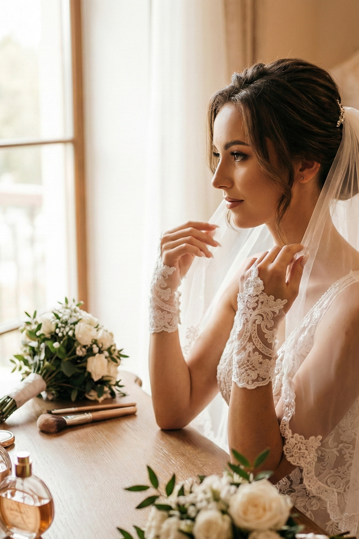 Hobigram  Élise Lace Gelin Eldiveni – Nikah Düğün İçin Dantelli Ara Parmak Zarif Gelin Aksesuarı - Görsel 2