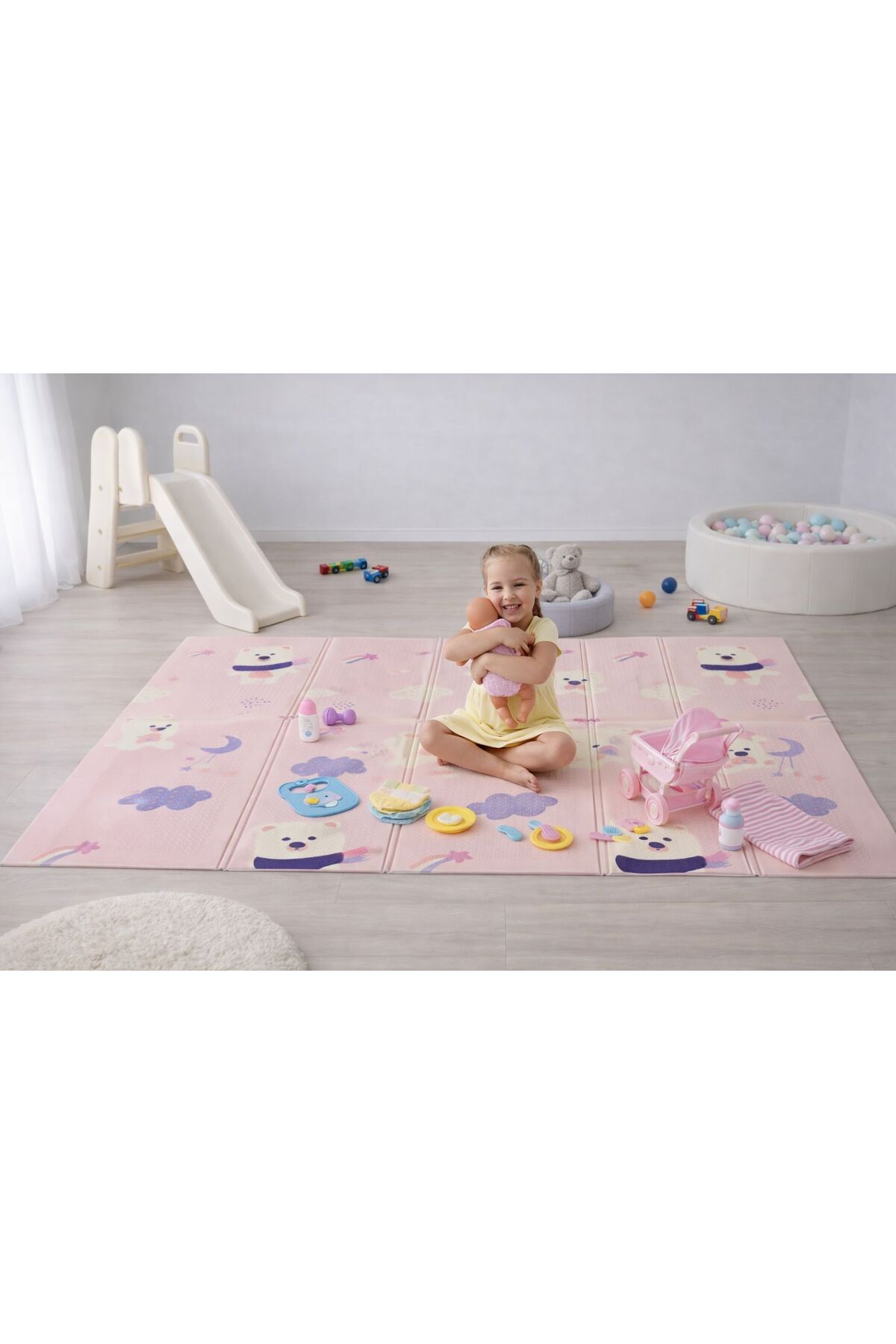 PUREZA Çift Taraflı Katlanabilir Oyun Matı Kaymaz,DarbeEmici,BulutlarDağlar PembeAyı Yerli Üretim 200x130x1 fotoğrafı 6 (önizleme)