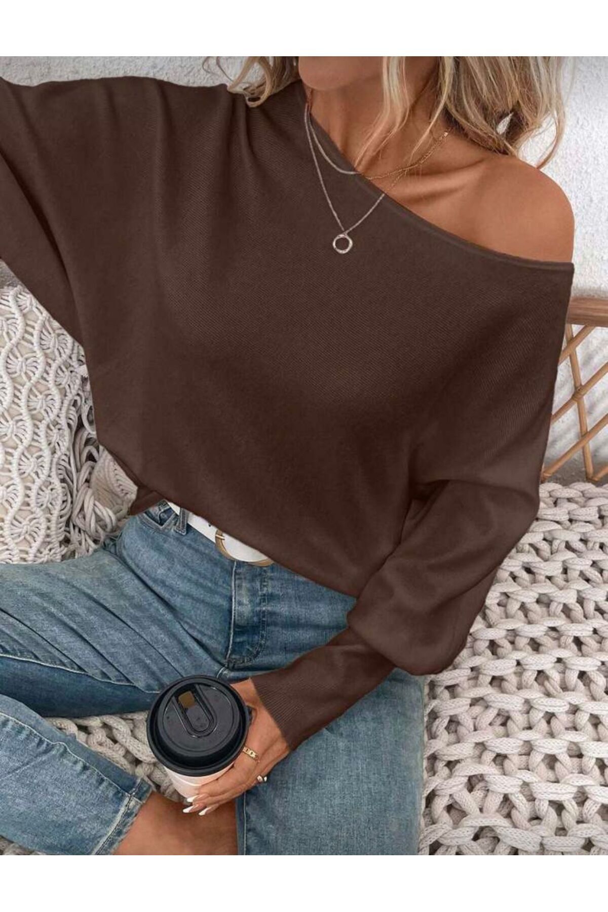 Maysev  Kayık Yaka Yarasa Kol Rib Manşet Regular Fit Triko Kadın Kazak