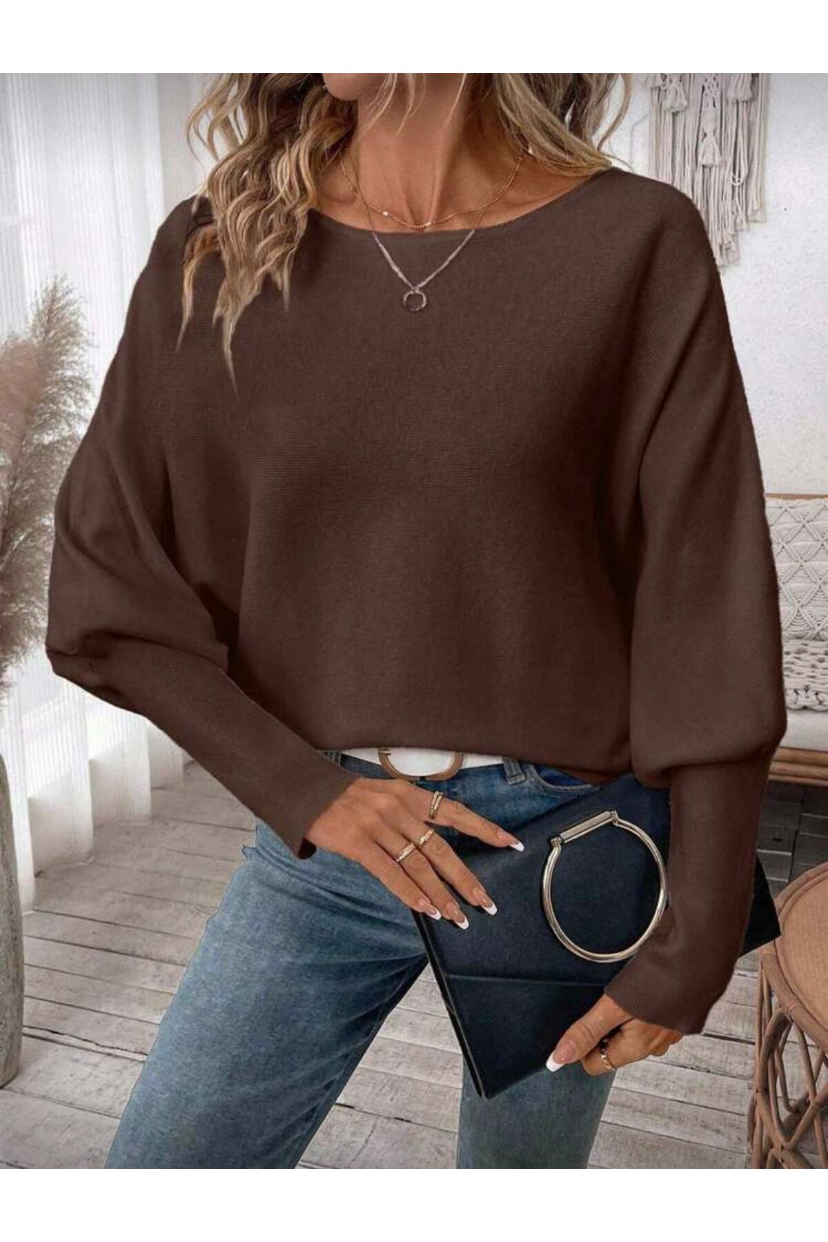 Maysev  Kayık Yaka Yarasa Kol Rib Manşet Regular Fit Triko Kadın Kazak - Görsel 2