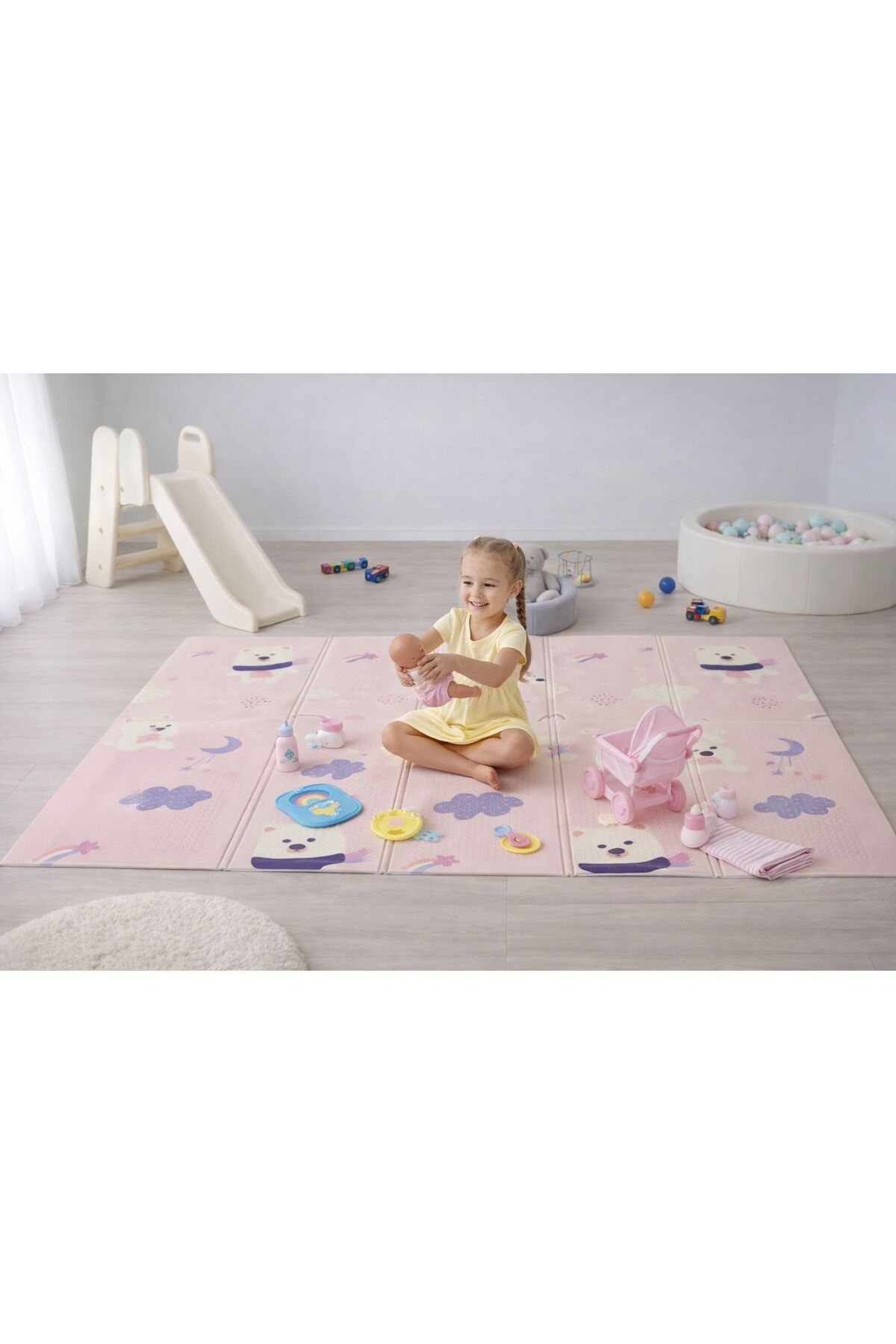 PUREZA Çift Taraflı Katlanabilir Oyun Matı Kaymaz,DarbeEmici,BulutlarDağlar PembeAyı Yerli Üretim 200x130x1 fotoğrafı 7 (önizleme)