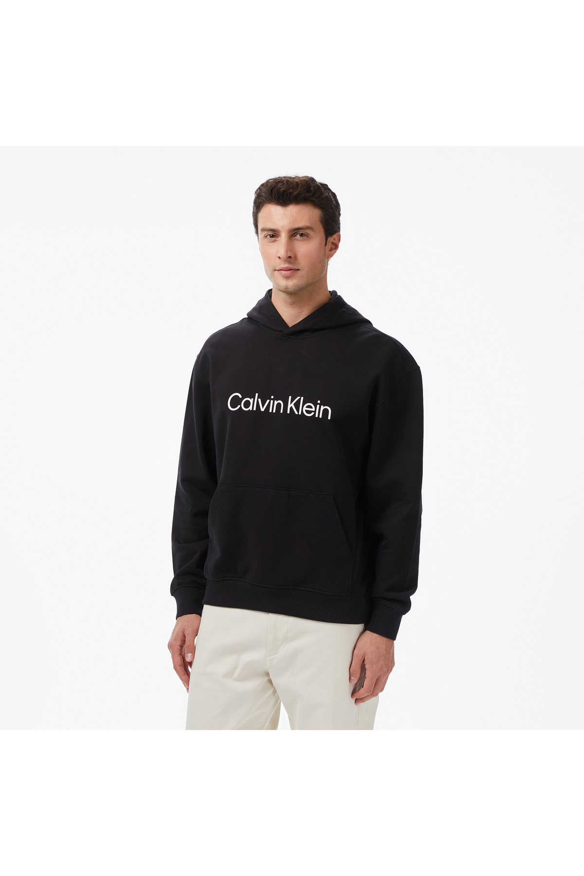 کلوین کلاین سویشرت مردانه آستین بلند کلاه دار مشکی با چاپ لوگو روی سینه LV14LD231G-UB1