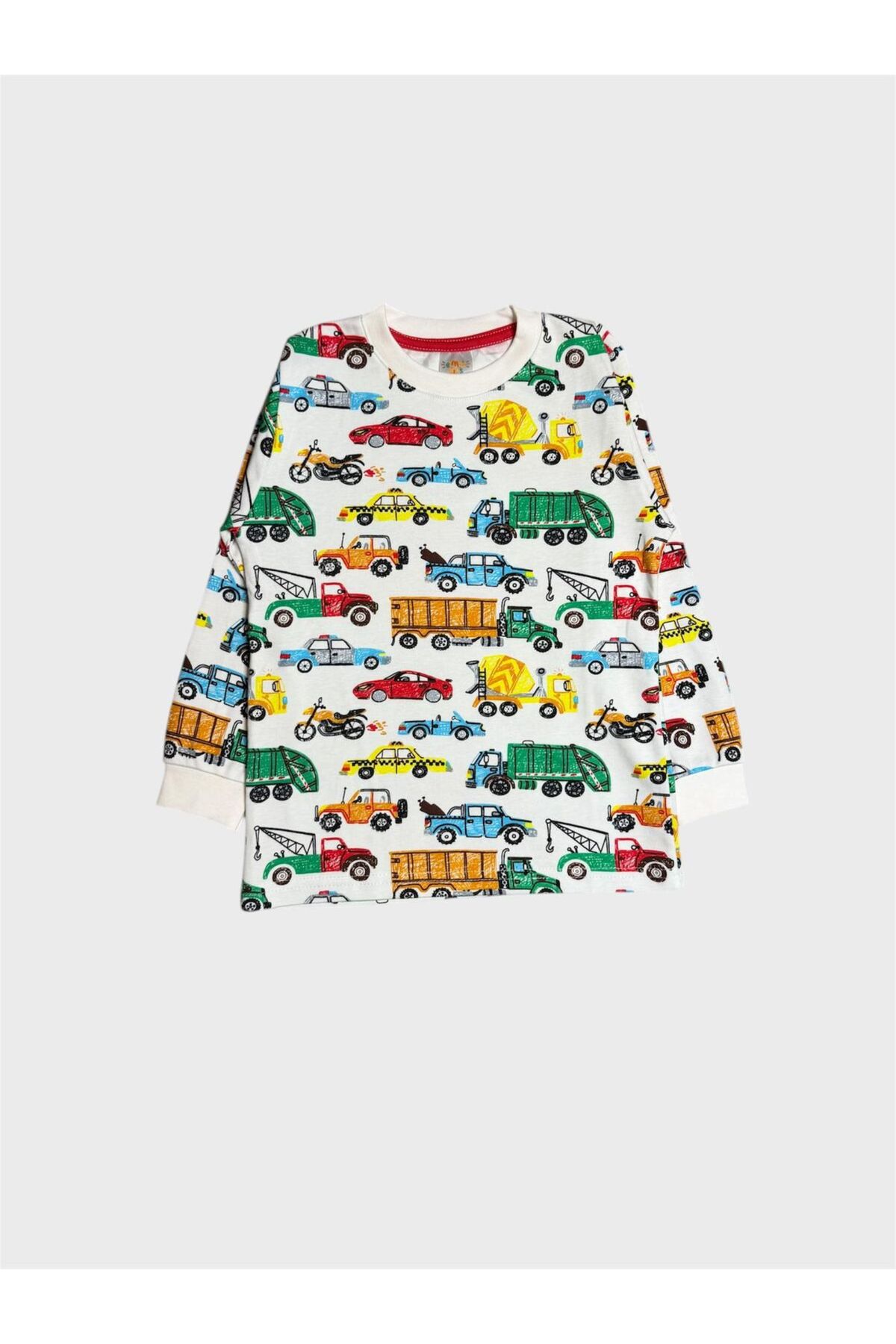 elmas kids Erkek Çocuk %100 Pamuklu Beyaz Araba Kamyon Motor Desenli Uzun Kollu Pijama Takımı fotoğrafı 5 (önizleme)