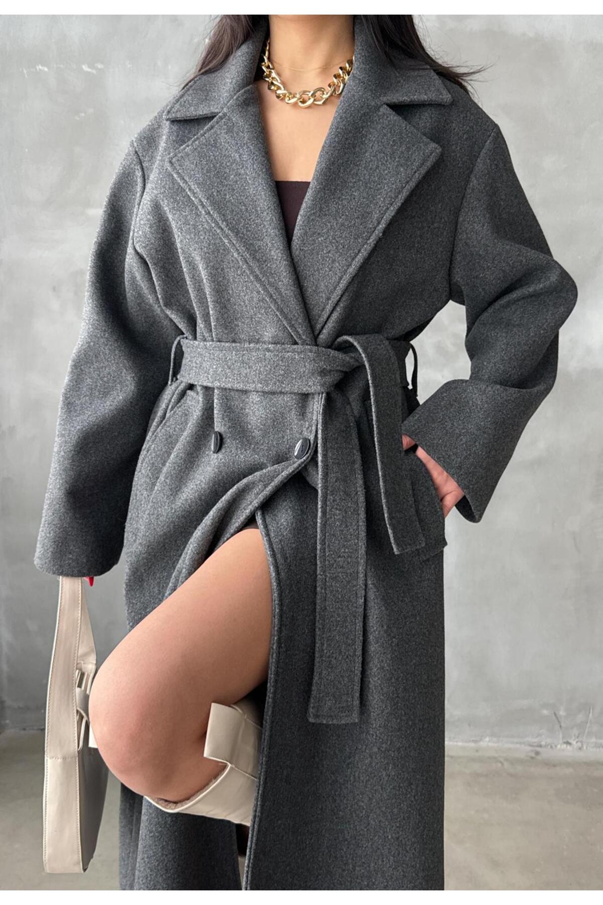 Arfami  Kruvaze Yaka Belden Kuşaklı Düğmeli Astarlı Kaşe Kaban - Görsel 3