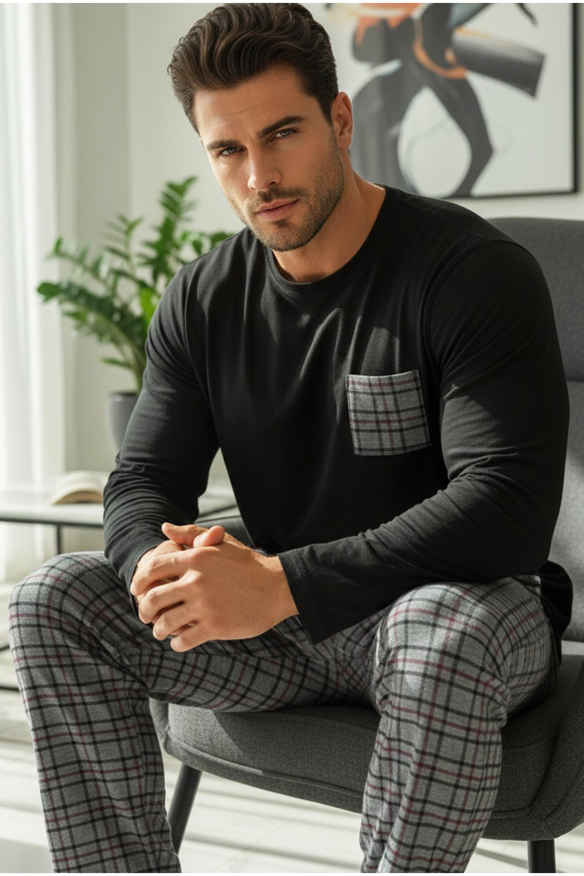 Siyah İnci  gri ekose desenli üst siyah cep nakışlı Örme Pijama Takım 7986