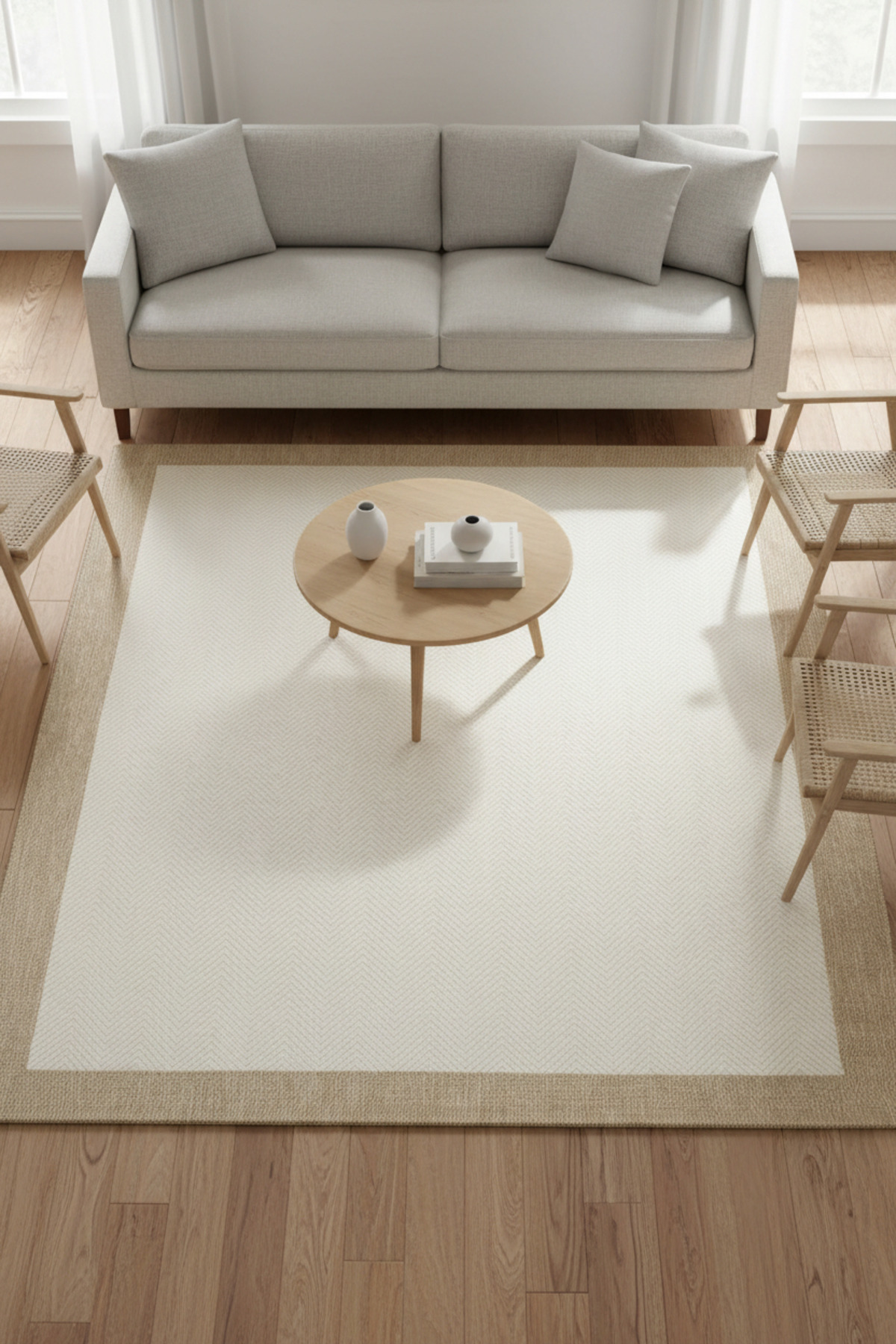 Bordered Sisal Carpet Beige Cream – Cotton Woven, Non-Slip Base, Modern Design