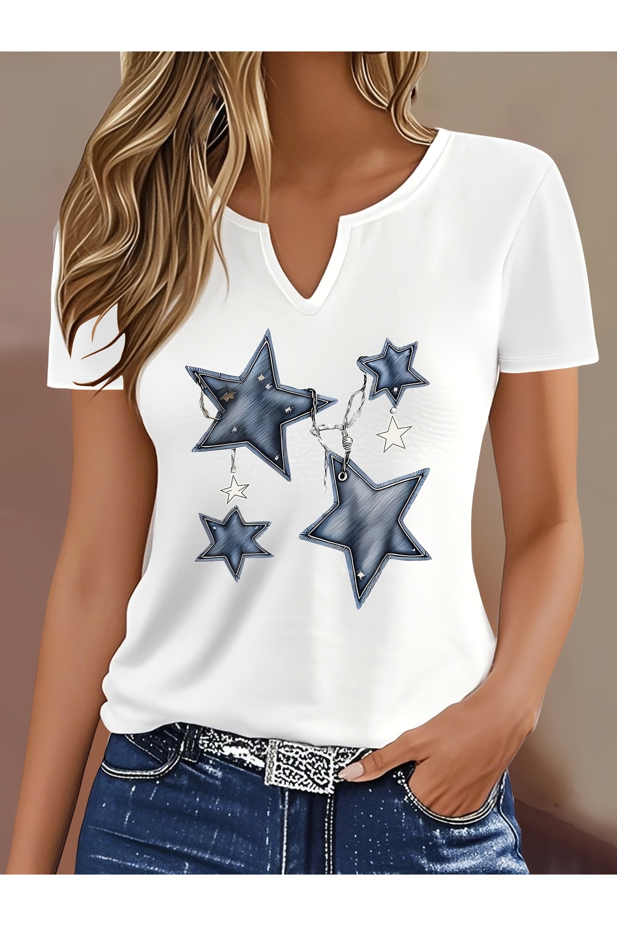 mercoledi Blugi de damă cu model Star cu imprimeu cu decolteu în V și mâneci,...