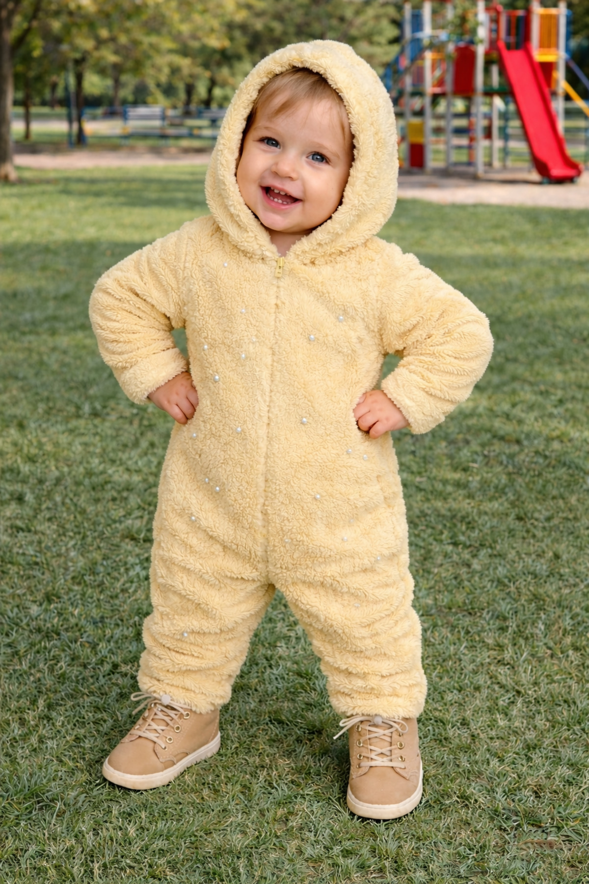 Chicsy Baby Kışlık tatlı Bebek Kapüşonlu Peluş Tulum İnci Detaylı Kışlık Yumuşak Tulum fotoğrafı 3 (önizleme)