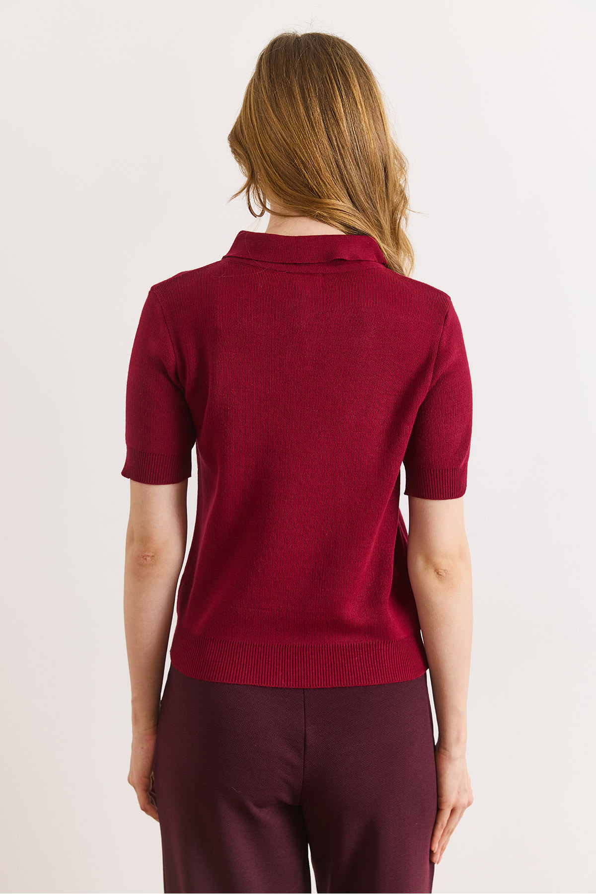 Olalook  Kadın Bordo Fular Detaylı Polo Yaka Kısa Kol Triko Kazak KZK-19001142 - Görsel 5