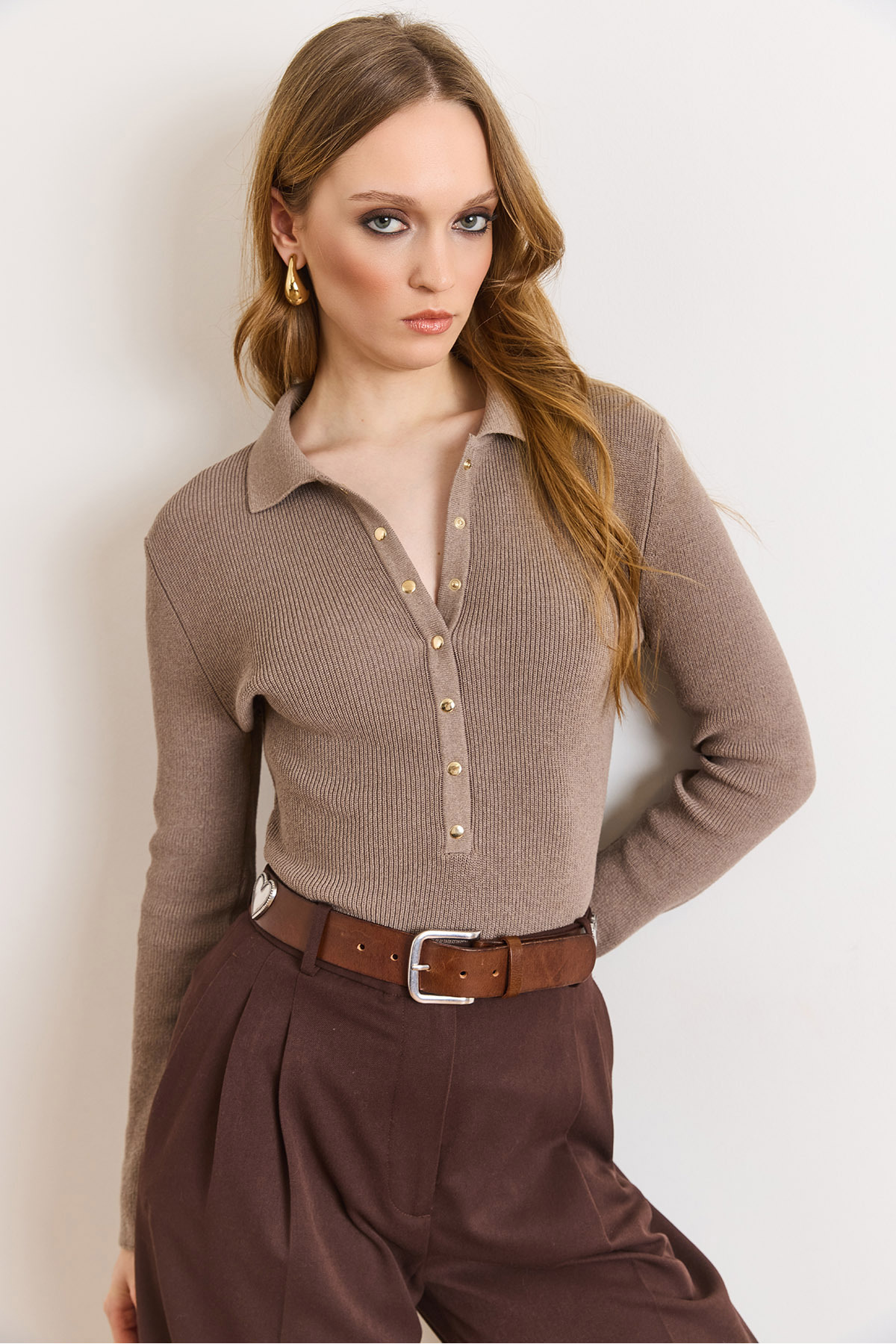 Olalook  Kadın Vizon Polo Yaka Çıtçıt Detaylı Yumuşak Dokulu Kazak KZK-19001136 - Görsel 6