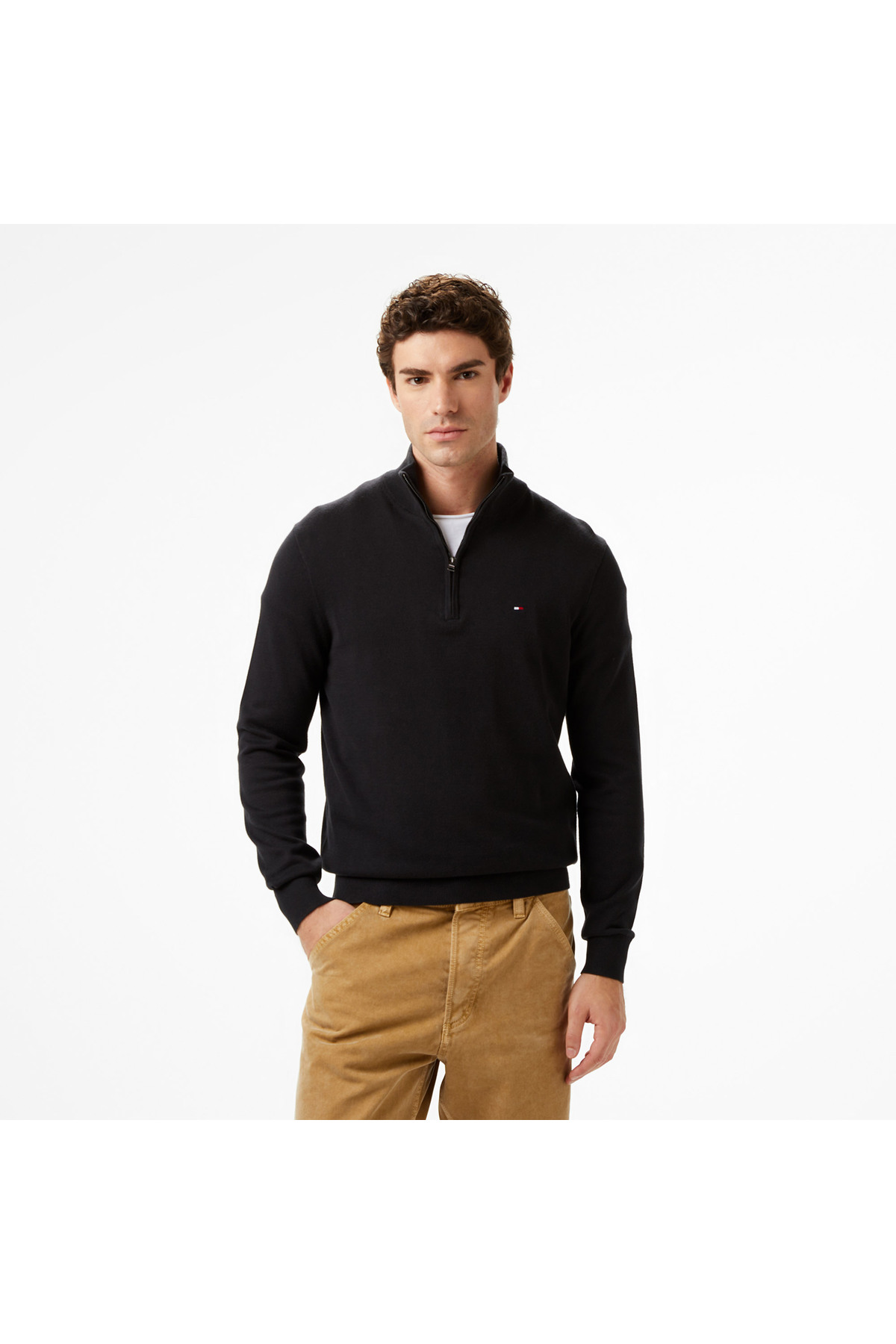 تامی هیلفیگر ژاکت بافتنی مردانه مشکی نیم زیپ مدل Essential Cotton Mock