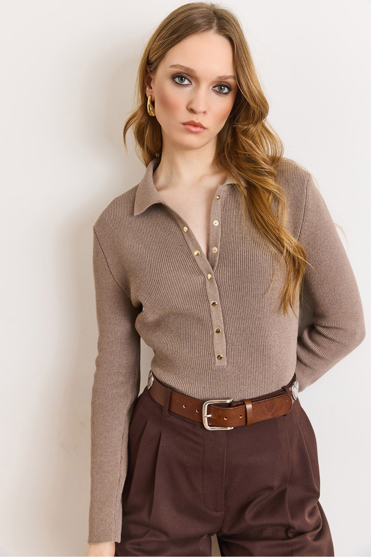 Olalook  Kadın Vizon Polo Yaka Çıtçıt Detaylı Yumuşak Dokulu Kazak KZK-19001136