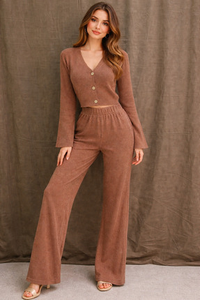 H&T STORE | Camel Likralı Bej Fitilli Pantolonlu Takım