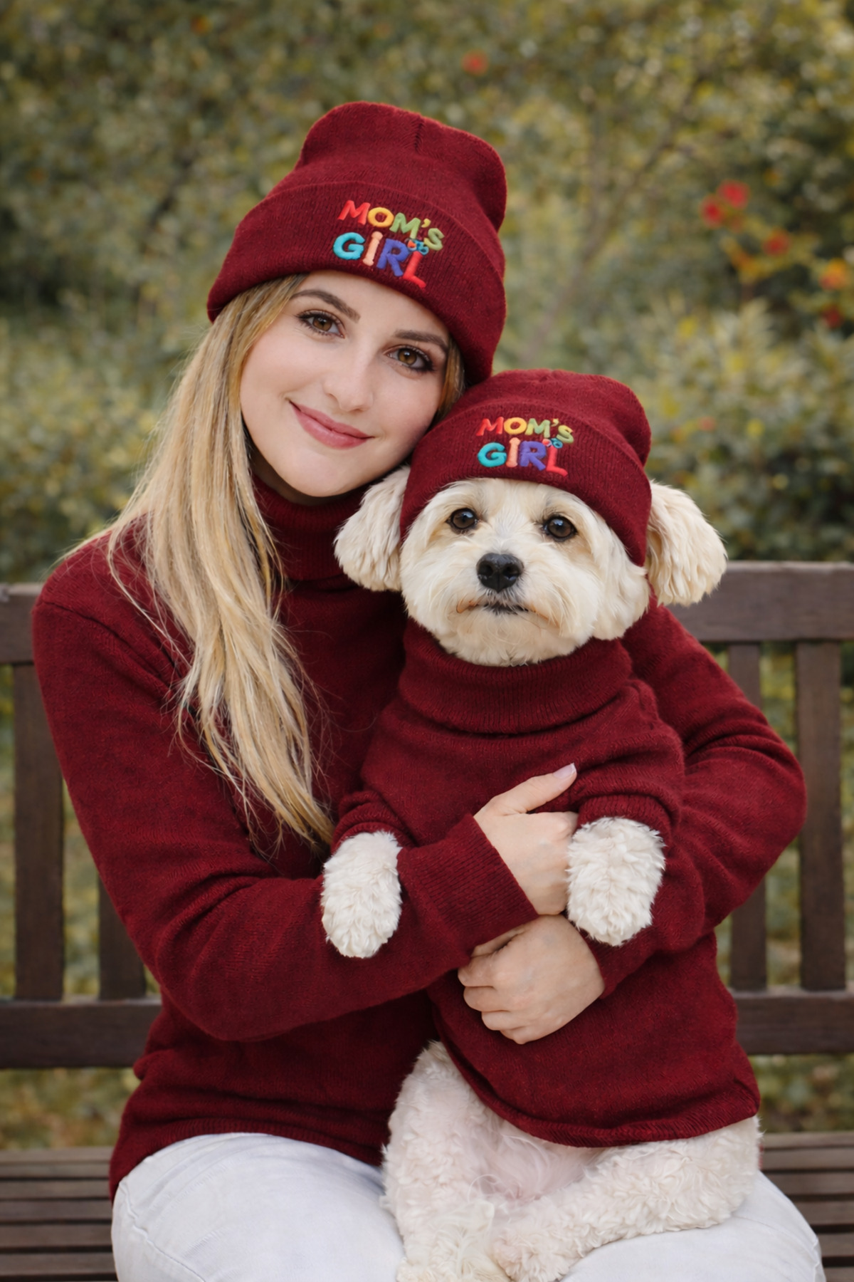 Lokums Anne ve Köpek Beresi 2'li takım - Mom's Girl Etiketli - Sahip & Köpek Kombin Bere - Köpek Şapkası
