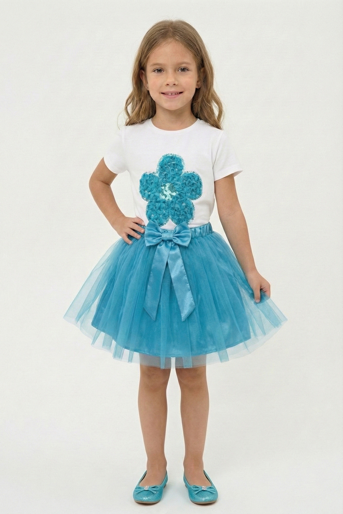 Girls Turquoise Daisy T-Shirt Turquoise Tutu Skirt 23 April 29 October Showwear Set