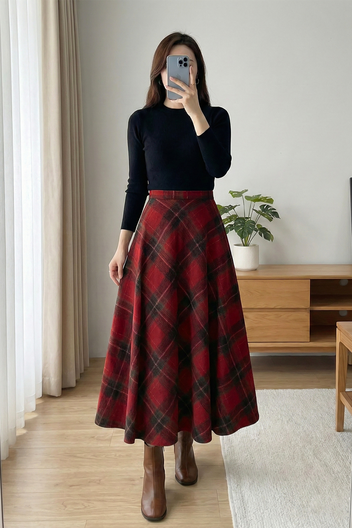 MODAQU  Ekose Desen Kaşe Kloş Etek - Bordo