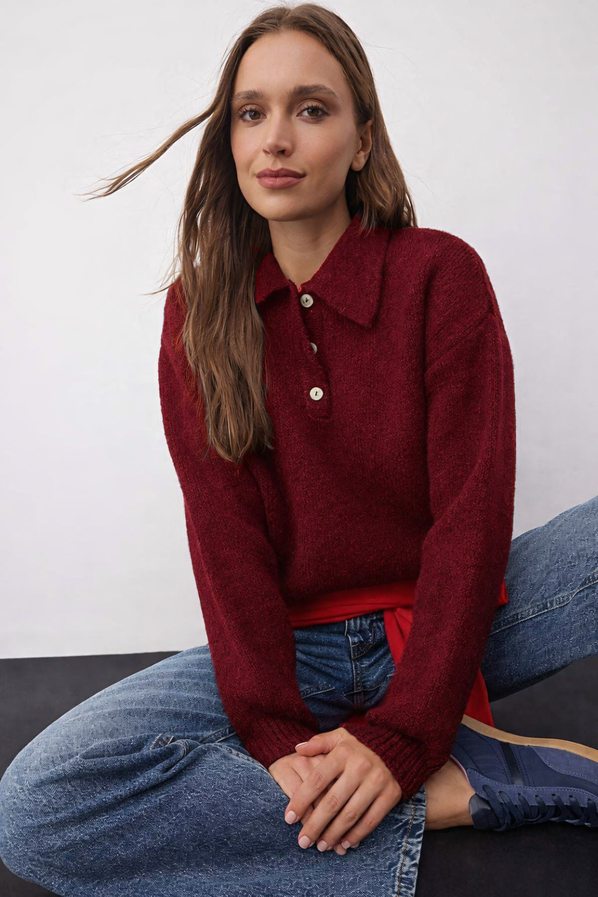 Noi Belis  Basic Oversize Polo Yaka Yarım Pat Düğmeli Triko Kazak AW25KZ0131 - Görsel 5