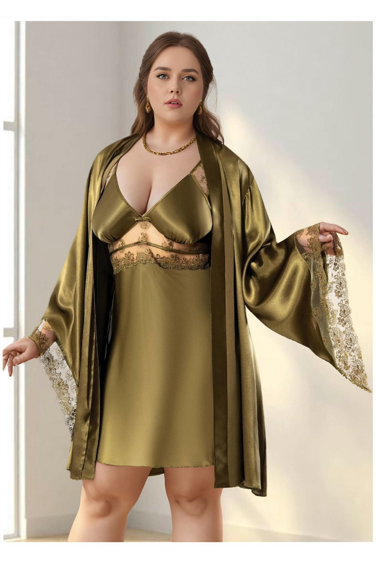 The Avenue Büyük Beden Saten Gecelik Sabahlık Takımı - Haki Yeşili Dantel Detaylı 2'li Plus Size Set