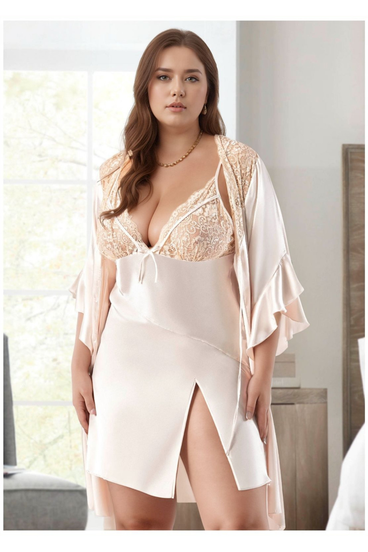 The Avenue Büyük Beden Saten Gecelik Sabahlık Takımı - Fildişi Dantel Detaylı 2'li Plus Size