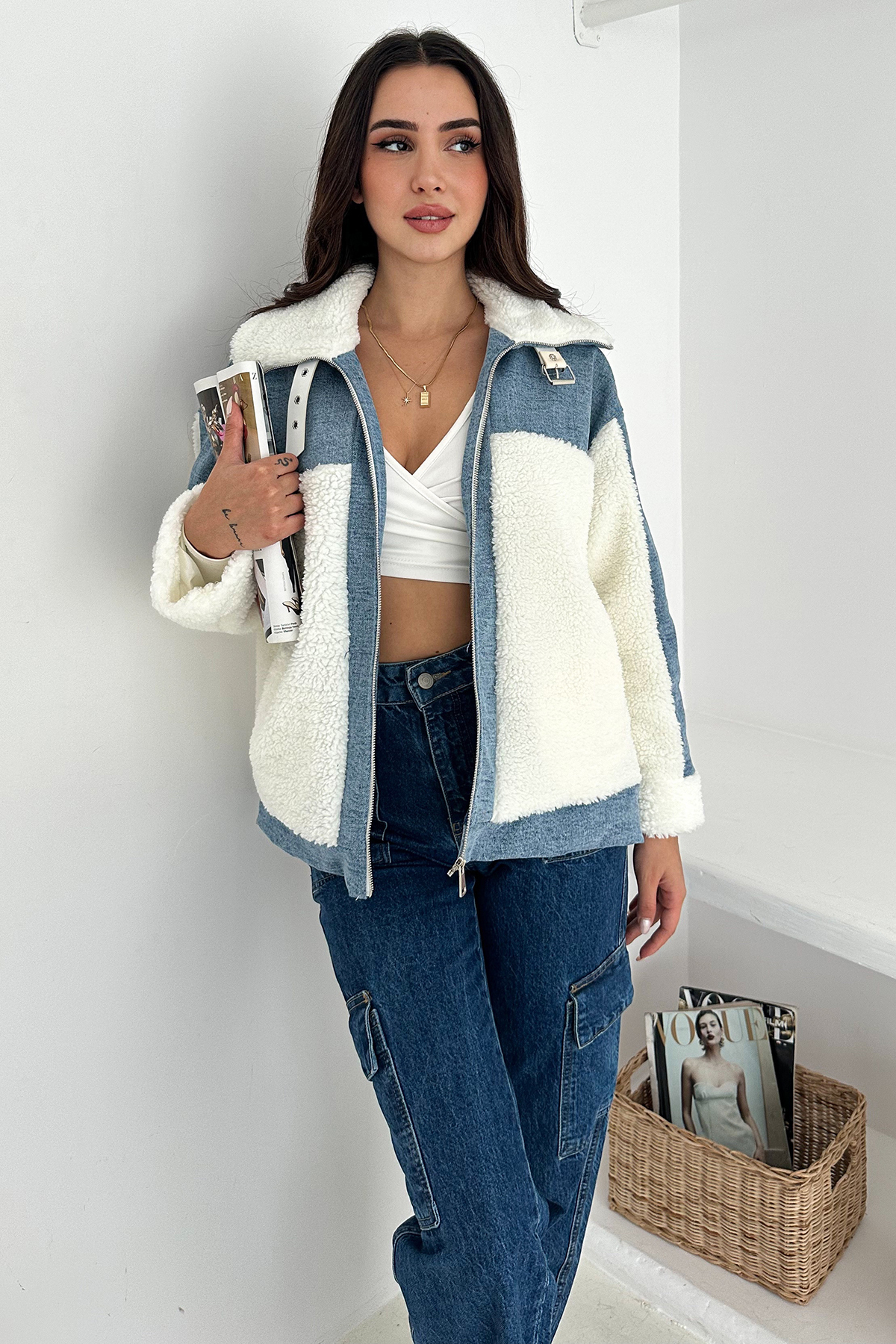 Noa Noa  Kadın Patchwork Sherpa Mont – Denim Frost - Görsel 2