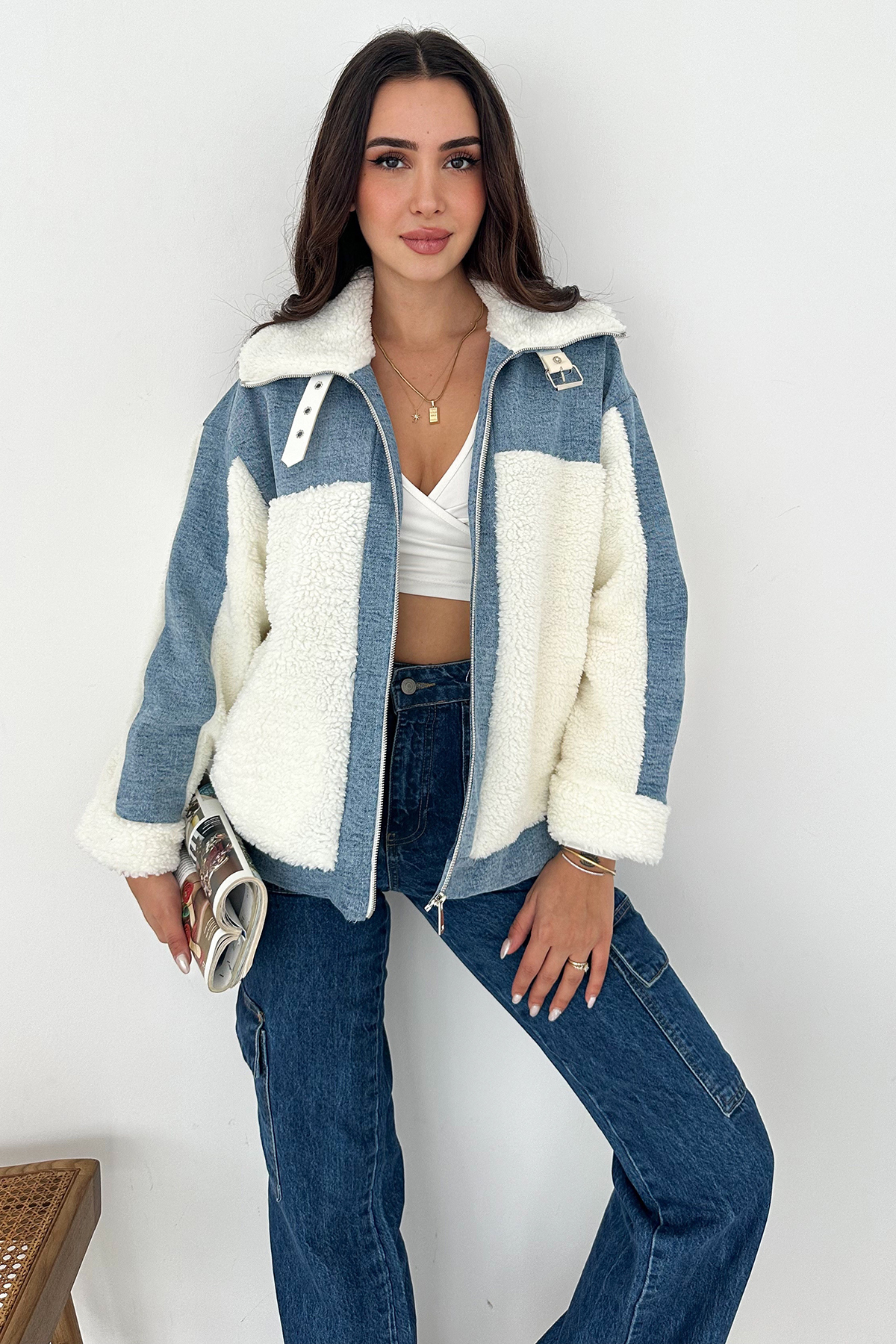 Noa Noa  Kadın Patchwork Sherpa Mont – Denim Frost - Görsel 6