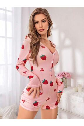 VELORACOO Pembe Çilek Desenli Ön Düğmeli Uzun Kollu Kadın Tulum Pijama