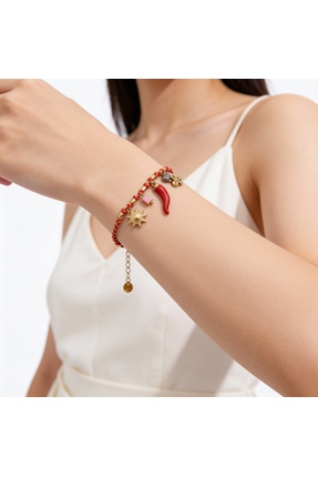 PinaCity Çelik Biber,Güneş,Çiçek Figürlü,Kırmızı İpli Charm Bileklik
