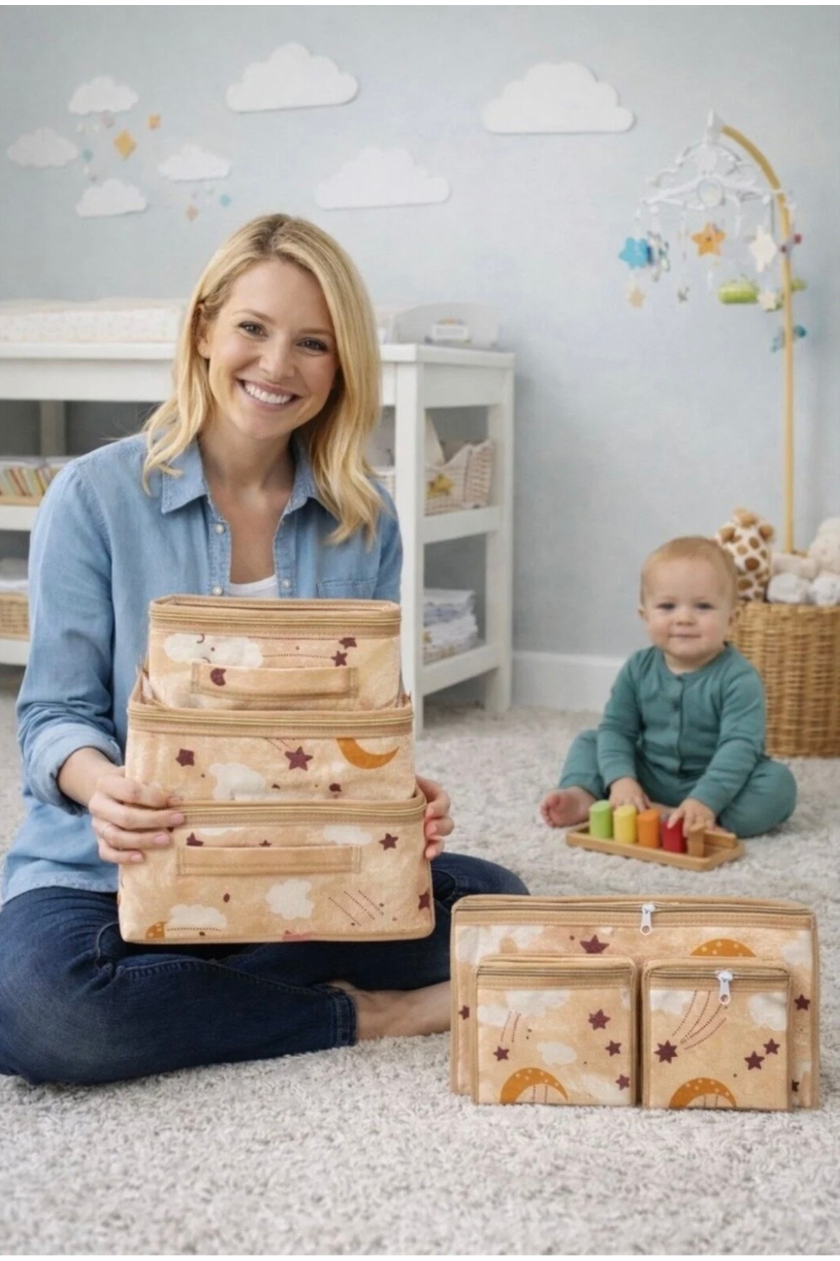 MorOflan 8 Parça Anne Bebek Seti - 6'lı Bavul Düzenleyici I Çamaşır Sepeti - Oyuncak Sepeti I Bakım Çantası fotoğrafı 2 (önizleme)