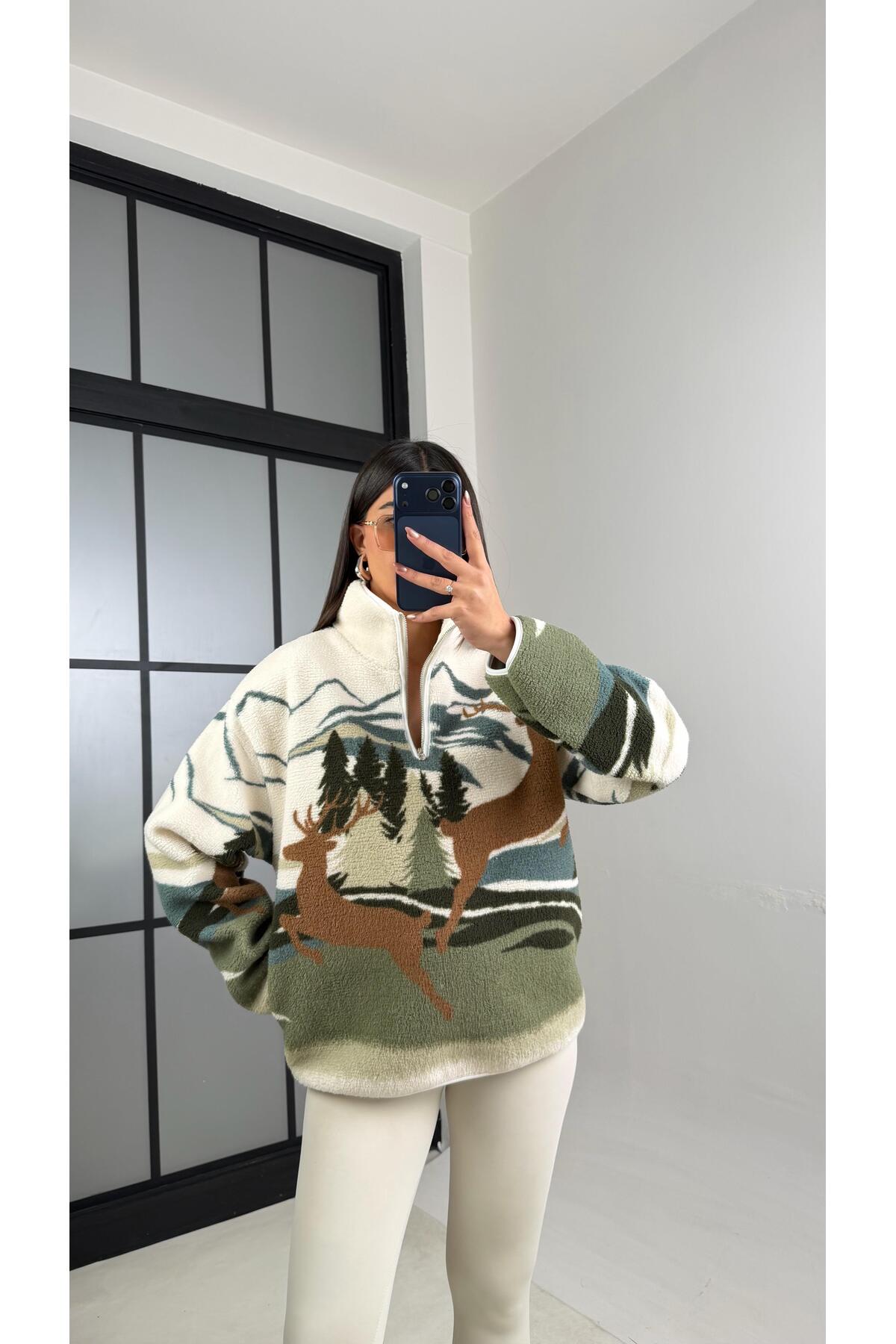 Gaus  Yeşil Fermuarlı Geyik Desenli Polar Sweatshirt GAUS-00723 GAUS-01100 - Görsel 2