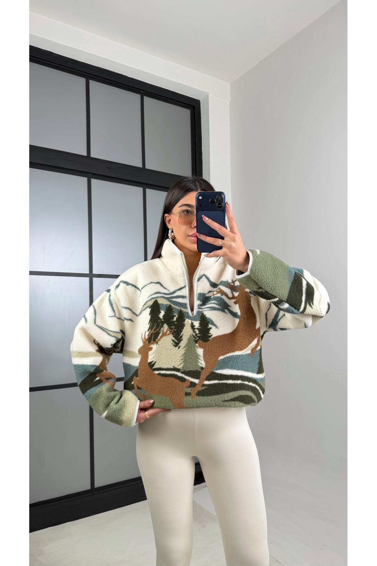 Gaus  Yeşil Fermuarlı Geyik Desenli Polar Sweatshirt GAUS-00723 GAUS-01100