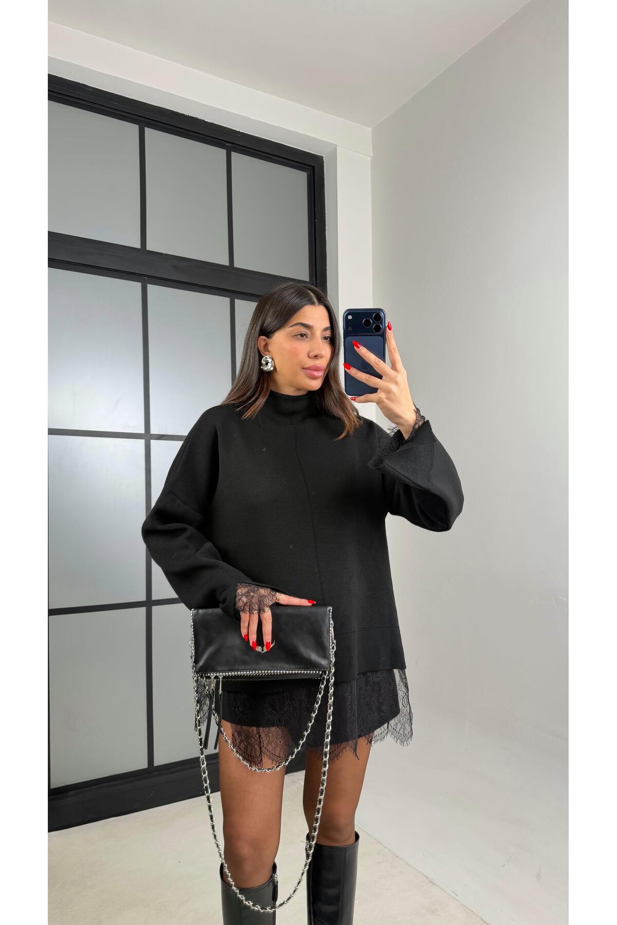 Gaus  Siyah Dantel Detaylı Triko Kazak GAUS-01055 - Görsel 3