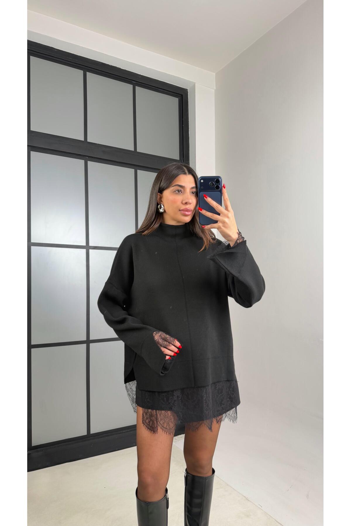 Gaus  Siyah Dantel Detaylı Triko Kazak GAUS-01055 - Görsel 4