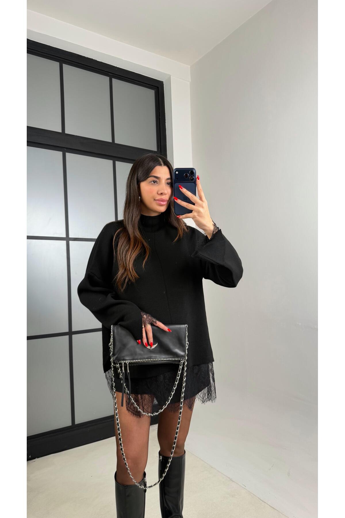 Gaus  Siyah Dantel Detaylı Triko Kazak GAUS-01055 - Görsel 2